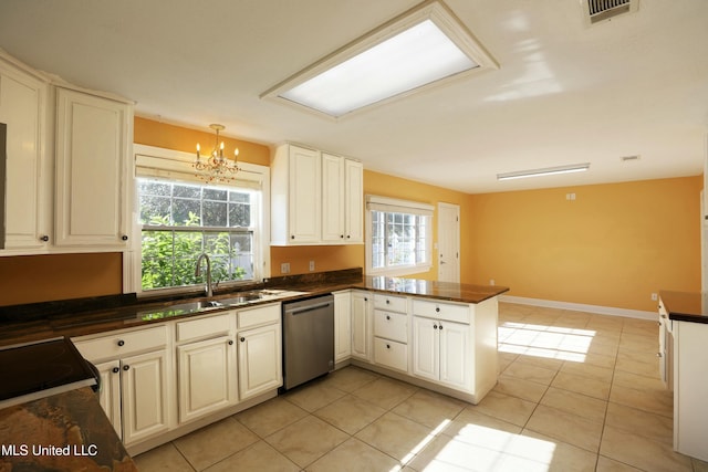 kitchen featuring sink, decorative light fixtures, light tile patterned floors, kitchen peninsula, and dishwasher