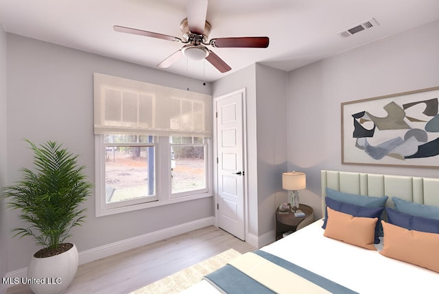 bedroom with ceiling fan and light wood-type flooring