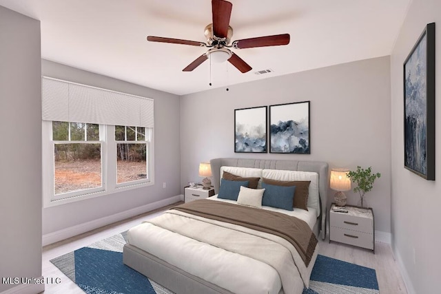 bedroom with ceiling fan and light hardwood / wood-style flooring