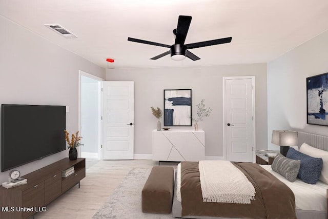 bedroom featuring ceiling fan and light wood-type flooring