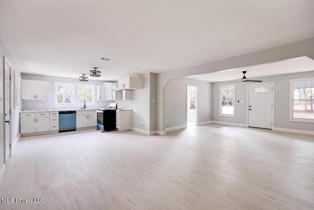 unfurnished living room with sink, light hardwood / wood-style flooring, and ceiling fan