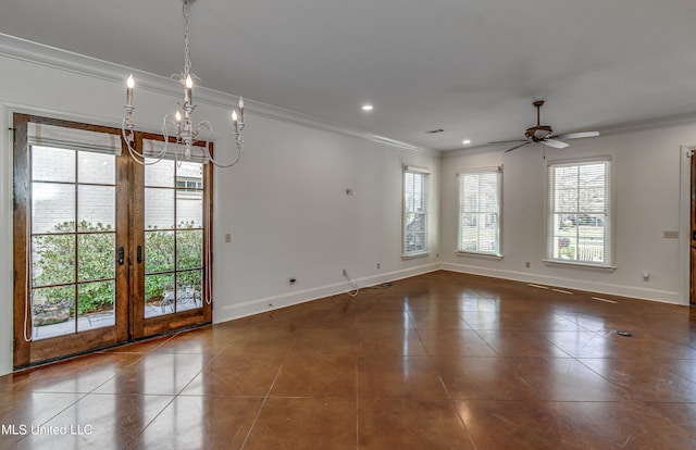 tiled spare room with ceiling fan with notable chandelier, crown molding, and french doors