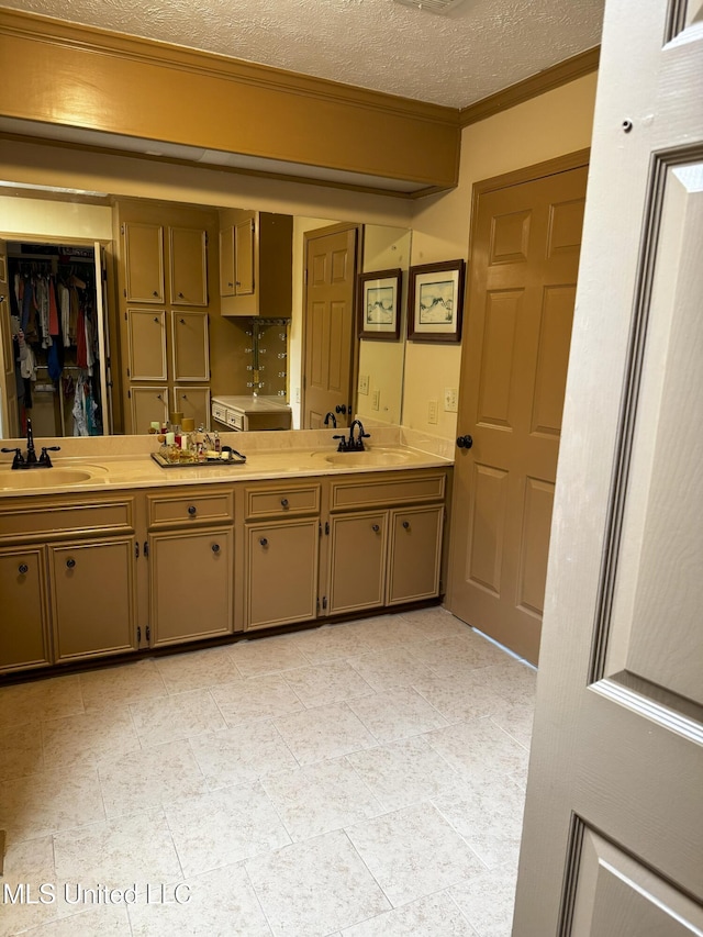 bathroom featuring double vanity, a sink, a textured ceiling, and ornamental molding