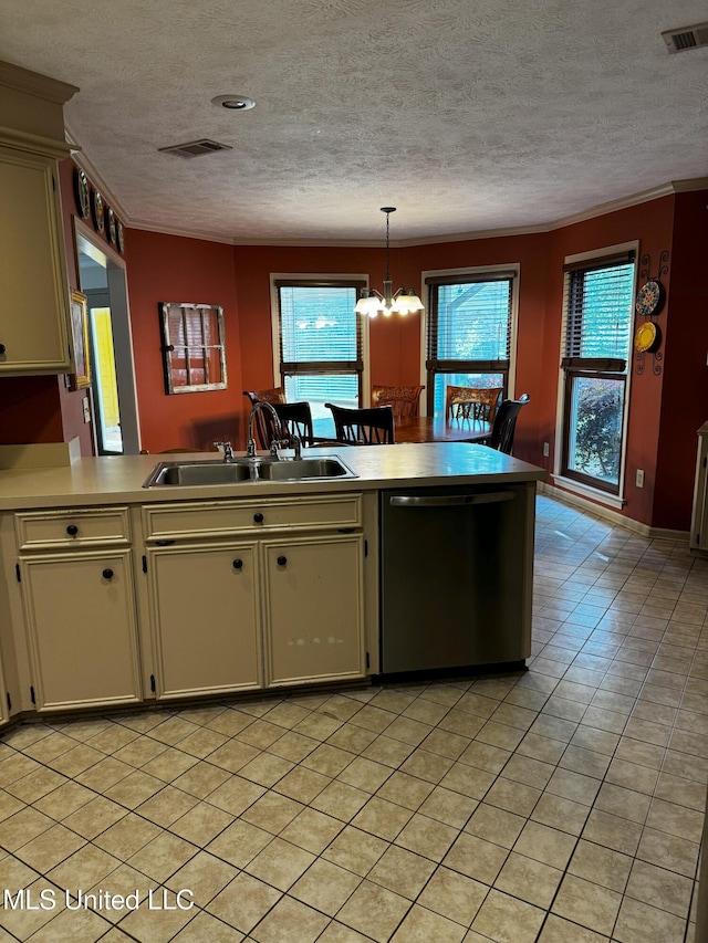 kitchen with a textured ceiling, visible vents, dishwasher, a notable chandelier, and ornamental molding