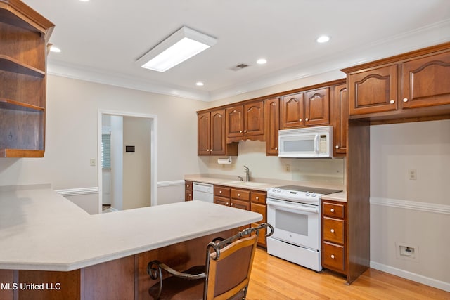 6375 Darren Dr, Olive Branch, MS 38654 - kitchen featuring white appliances, open shelves, light countertops, a peninsula, and ornamental molding