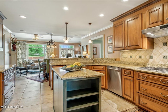 kitchen with light stone counters, open shelves, brown cabinets, and stainless steel appliances