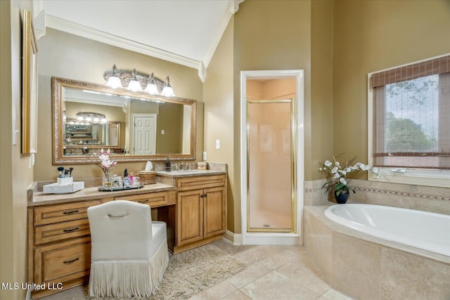 full bathroom featuring vanity, ornamental molding, a shower stall, and a bath