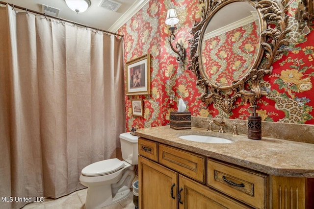 full bath with visible vents, crown molding, tile patterned floors, toilet, and wallpapered walls