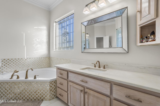 bathroom featuring tile patterned flooring, vanity, a relaxing tiled tub, and crown molding