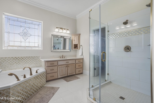 bathroom featuring tile patterned flooring, vanity, crown molding, and independent shower and bath