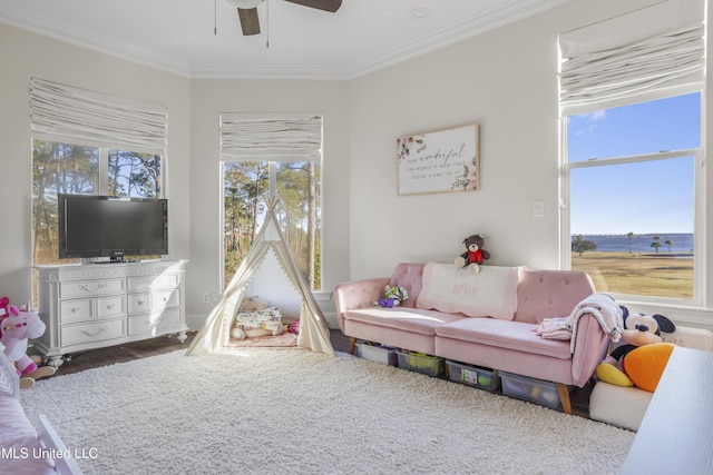 living room featuring ceiling fan and crown molding