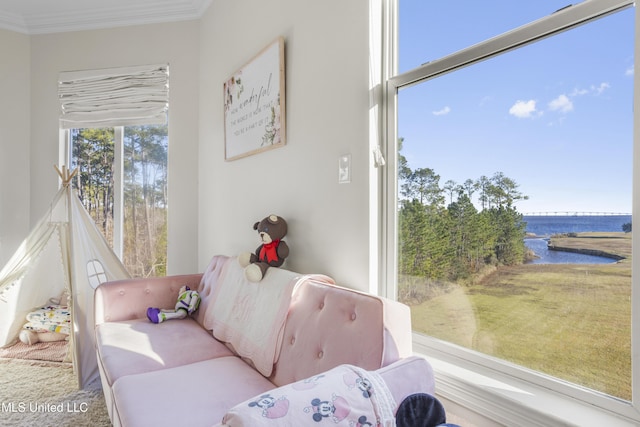 living room with a water view, a healthy amount of sunlight, and ornamental molding