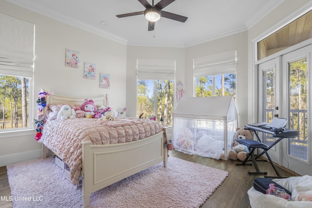 bedroom featuring access to exterior, ceiling fan, hardwood / wood-style floors, and crown molding