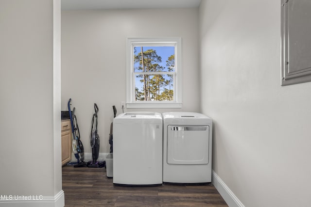 laundry area featuring dark hardwood / wood-style floors and washing machine and clothes dryer