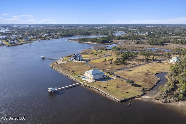 drone / aerial view featuring a water view