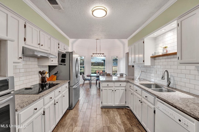 kitchen with sink, appliances with stainless steel finishes, decorative light fixtures, white cabinets, and ornamental molding