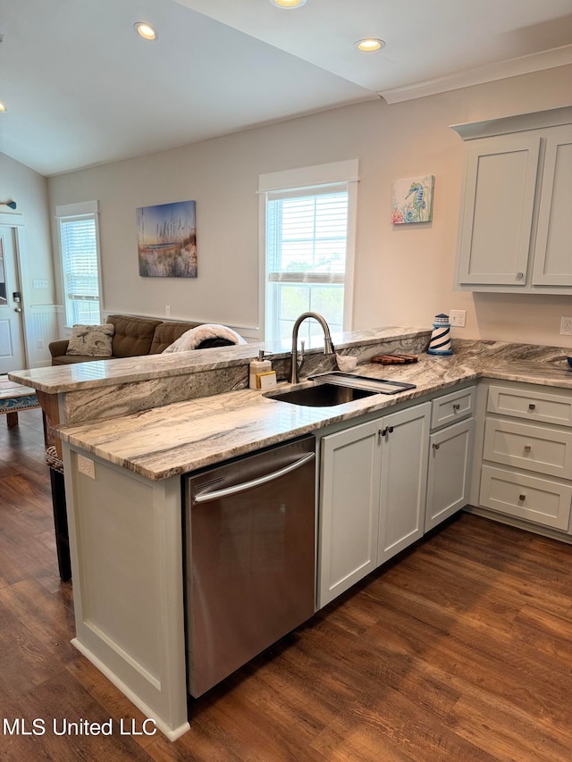 kitchen featuring stainless steel dishwasher, dark hardwood / wood-style flooring, and kitchen peninsula