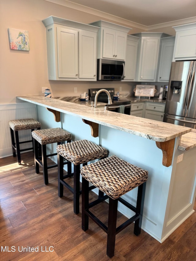 kitchen featuring a kitchen breakfast bar, kitchen peninsula, and appliances with stainless steel finishes