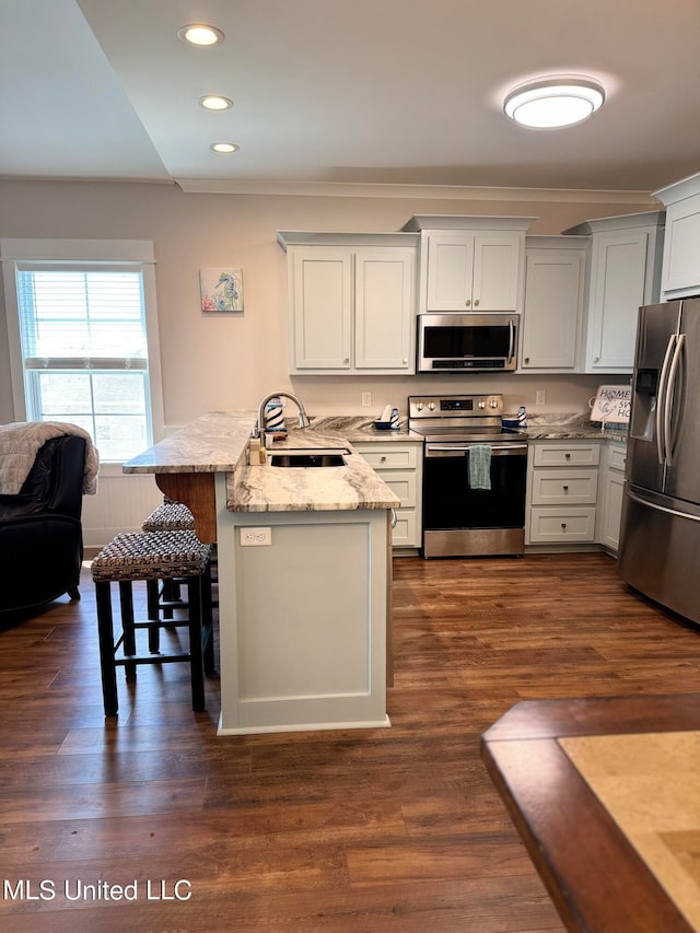 kitchen with sink, dark wood-type flooring, light stone counters, white cabinets, and appliances with stainless steel finishes