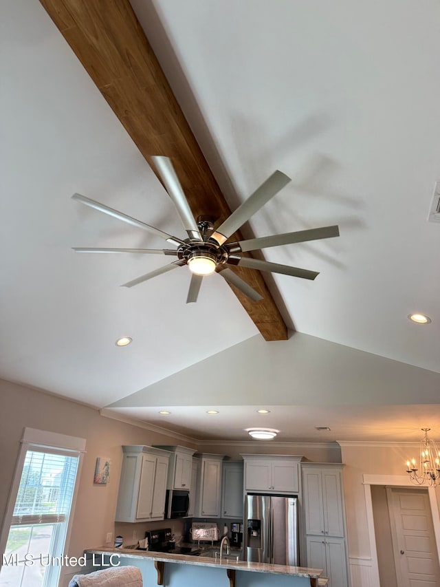 interior details with gray cabinetry, stainless steel appliances, sink, an inviting chandelier, and beamed ceiling