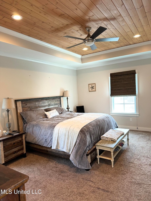 carpeted bedroom with ceiling fan and wood ceiling