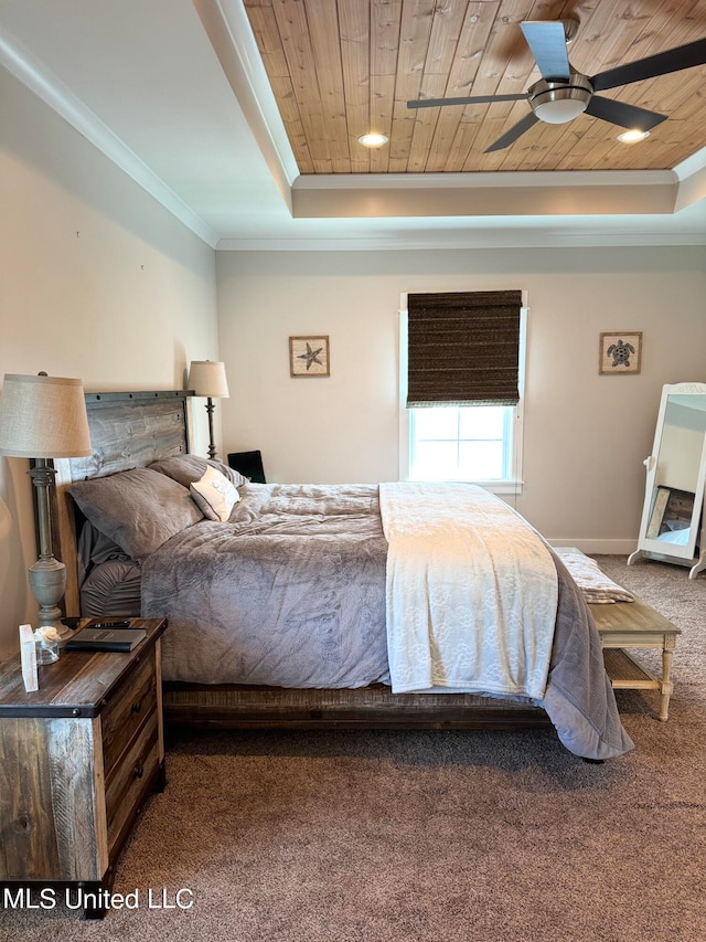 bedroom with carpet, a raised ceiling, ceiling fan, and wood ceiling