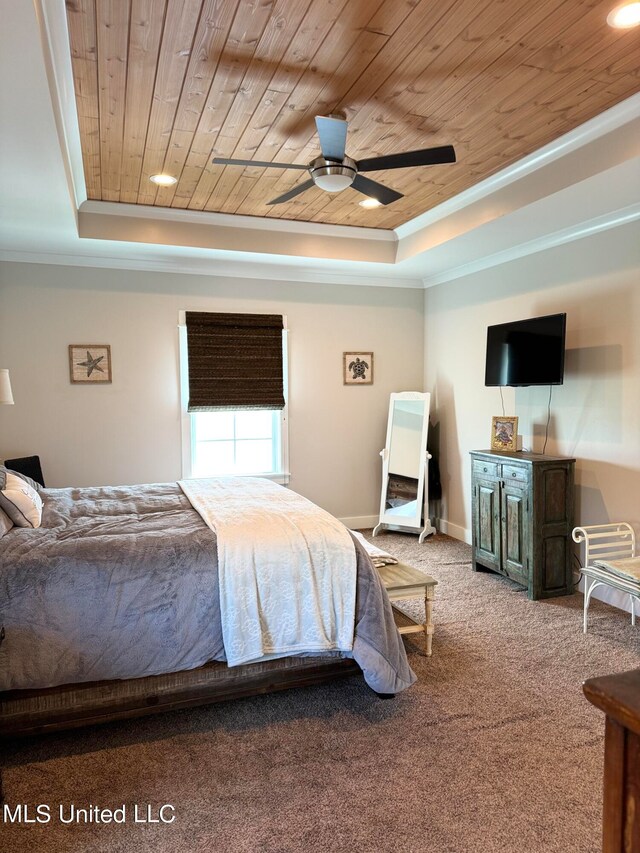 bedroom featuring light carpet, a raised ceiling, crown molding, ceiling fan, and wood ceiling