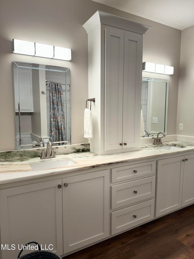 bathroom featuring vanity, curtained shower, and wood-type flooring