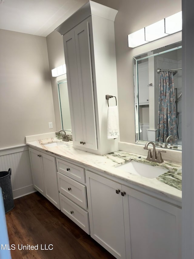 bathroom with vanity and wood-type flooring