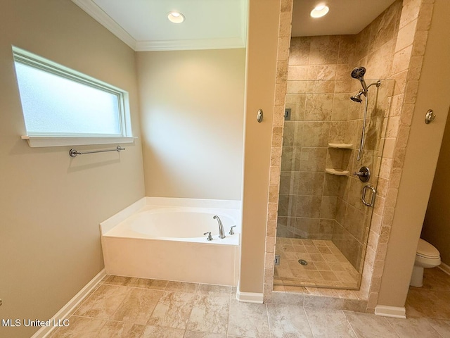 3041 Brambleberry Cv, Southaven, MS 38672 - full bathroom with a stall shower, a bath, ornamental molding, and recessed lighting