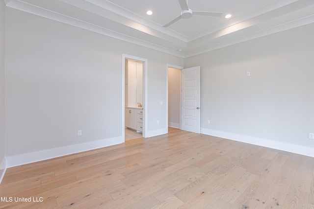 unfurnished room with ceiling fan, light hardwood / wood-style flooring, and ornamental molding