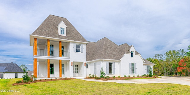 view of front of house with a front yard and a balcony