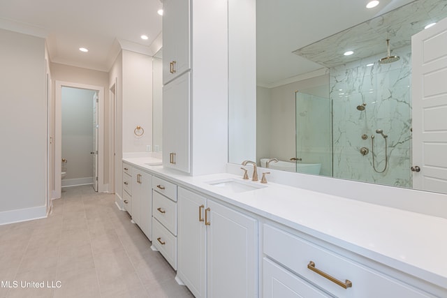 bathroom with tiled shower, toilet, tile patterned flooring, vanity, and crown molding