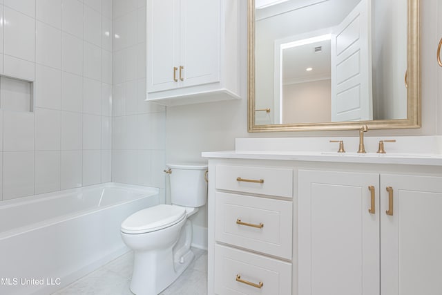 full bathroom featuring tile patterned floors, vanity, toilet, and tiled shower / bath combo