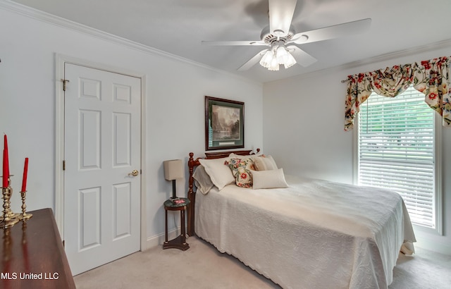 218 Harbor Ln, Brandon, MS 39047 - bedroom featuring light colored carpet, crown molding, a ceiling fan, and baseboards