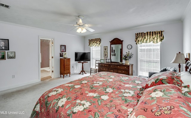 218 Harbor Ln, Brandon, MS 39047 - bedroom with ornamental molding, carpet flooring, baseboards, and ceiling fan
