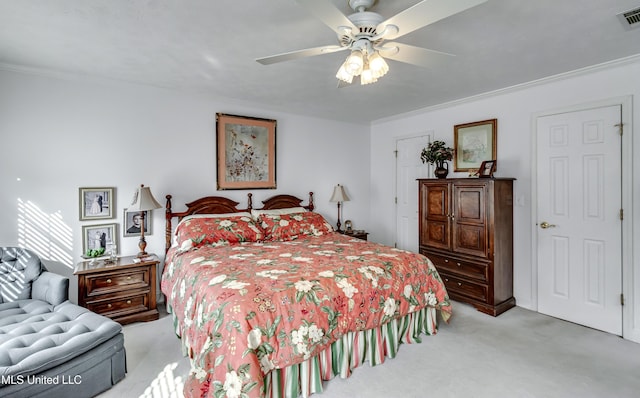 218 Harbor Ln, Brandon, MS 39047 - bedroom featuring light carpet, ornamental molding, and a ceiling fan