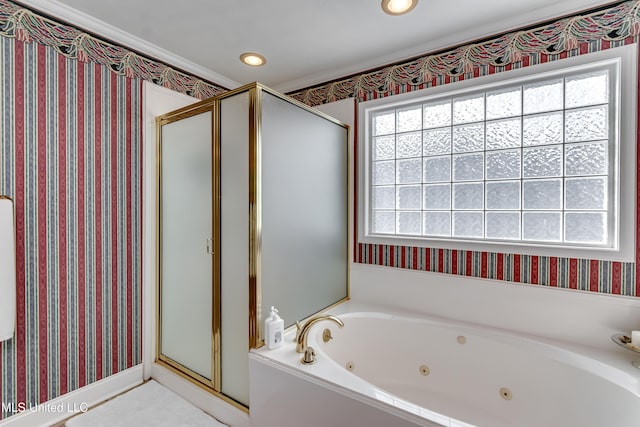 218 Harbor Ln, Brandon, MS 39047 - bathroom featuring a stall shower, a jetted tub, wallpapered walls, and recessed lighting
