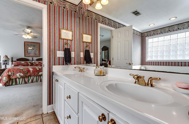 218 Harbor Ln, Brandon, MS 39047 - full bath with connected bathroom, wallpapered walls, double vanity, tile patterned flooring, and a ceiling fan