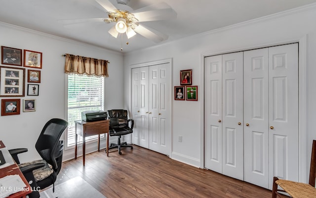 218 Harbor Ln, Brandon, MS 39047 - office space with ceiling fan, wood finished floors, and crown molding