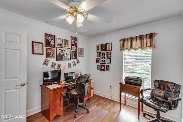 218 Harbor Ln, Brandon, MS 39047 - office area with a ceiling fan, crown molding, light wood-style floors, and baseboards