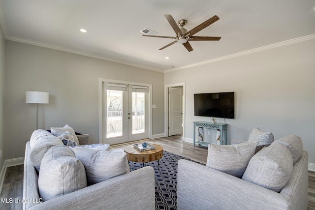 183 Mcdonnell Ave Unit 305, Biloxi, MS 39531 - living area featuring french doors, wood finished floors, a ceiling fan, ornamental molding, and recessed lighting