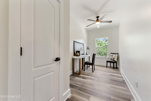 home office with ceiling fan and light hardwood / wood-style flooring