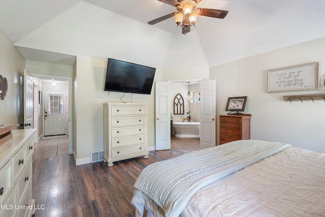 9948 Victor Dr, Olive Branch, MS 38654 - bedroom featuring dark wood-type flooring, baseboards, ensuite bathroom, a ceiling fan, and high vaulted ceiling