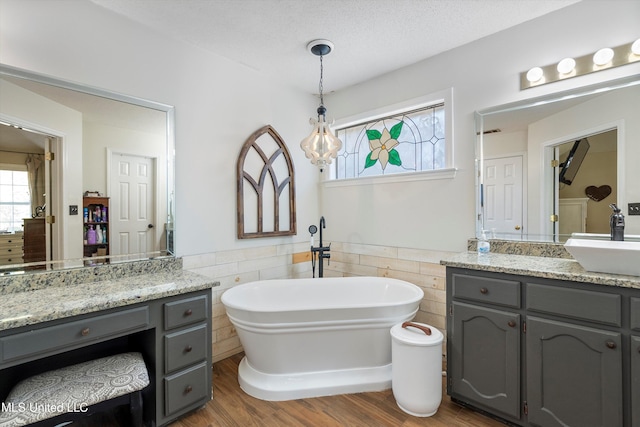 9948 Victor Dr, Olive Branch, MS 38654 - full bath with vanity, a freestanding bath, wood finished floors, and wainscoting