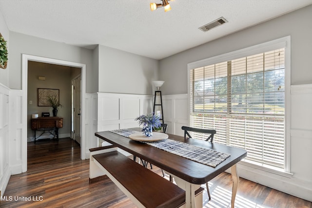 9948 Victor Dr, Olive Branch, MS 38654 - dining room with dark wood-type flooring, wainscoting, healthy amount of natural light, a decorative wall, and a textured ceiling