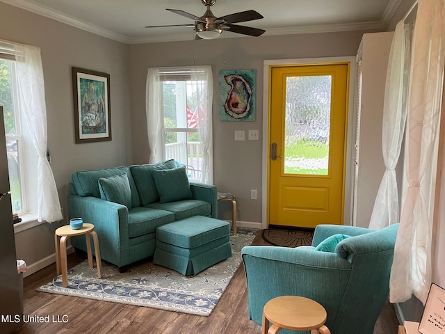 305 S Cleveland Ave, Long Beach, MS 39560 - living room with wood finished floors, baseboards, ceiling fan, and ornamental molding
