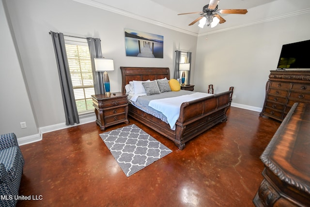 bedroom with ornamental molding and ceiling fan