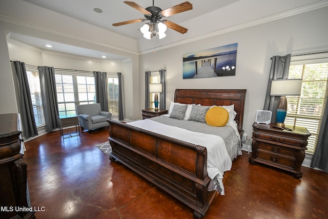 bedroom featuring multiple windows, ceiling fan, and crown molding