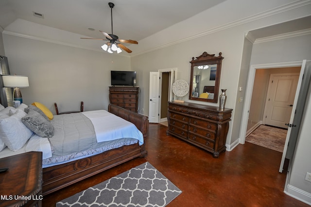 bedroom featuring ornamental molding, lofted ceiling, and ceiling fan